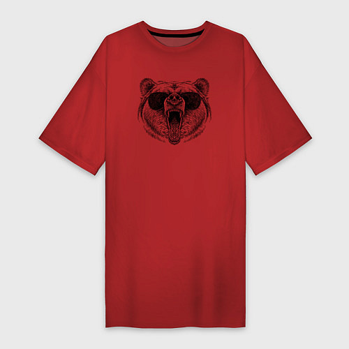 Женская футболка-платье Голова медведя рычащего в очках / Красный – фото 1