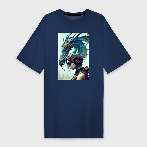 Женская футболка-платье Девчонка в шлеме и дракон - киберпанк / Тёмно-синий – фото 1