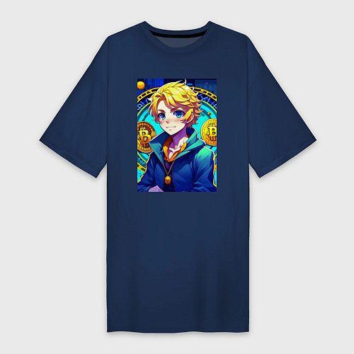 Женская футболка-платье Аниме биткоин / Тёмно-синий – фото 1