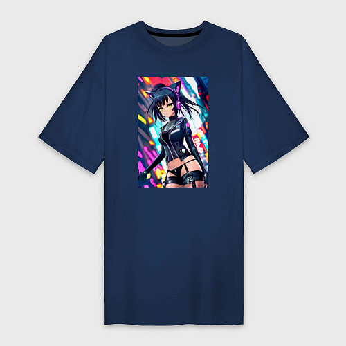 Женская футболка-платье Cool cat girl - anime - neural network / Тёмно-синий – фото 1