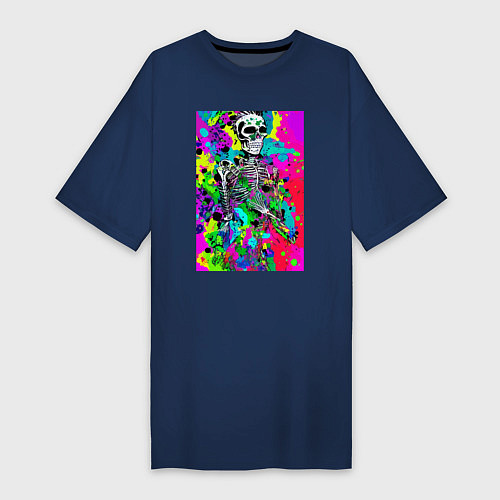 Женская футболка-платье Funny skeleton - pop art / Тёмно-синий – фото 1