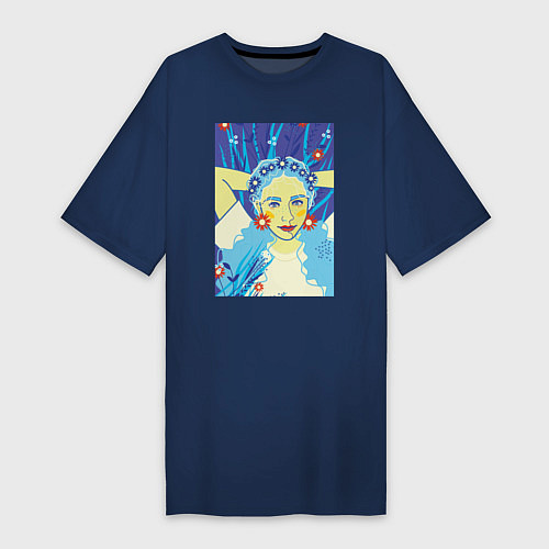 Женская футболка-платье Девушка с голубыми волосами в цветочном венке / Тёмно-синий – фото 1