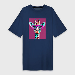 Футболка женская-платье Жирафа в розовых очках, цвет: тёмно-синий