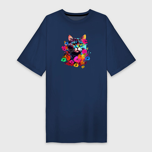 Женская футболка-платье Котик в цветах - нейросеть / Тёмно-синий – фото 1