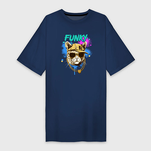Женская футболка-платье Кот рэпер: funky - AI art / Тёмно-синий – фото 1