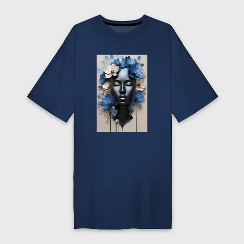 Женская футболка-платье Манекен в синих и бежевых цветах - нейросеть / Тёмно-синий – фото 1