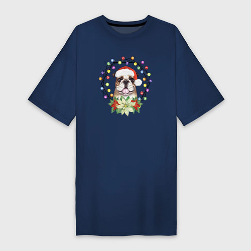 Женская футболка-платье Новогодний пес в гирляндах / Тёмно-синий – фото 1
