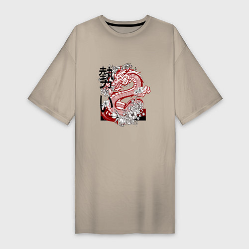 Женская футболка-платье Татуировка с японским иероглифом и драконом / Миндальный – фото 1