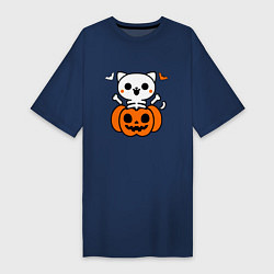 Футболка женская-платье Веселый кот-скелет в тыкве - Хэллоуин, цвет: тёмно-синий