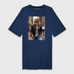 Футболка женская-платье Cool tiger on the streets of New York - ai art, цвет: тёмно-синий