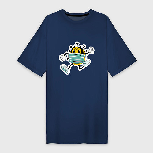 Женская футболка-платье Убегающий коронавирус в маске / Тёмно-синий – фото 1