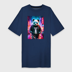 Футболка женская-платье Панда в ночном Пекине - киберпанк - нейросеть, цвет: тёмно-синий