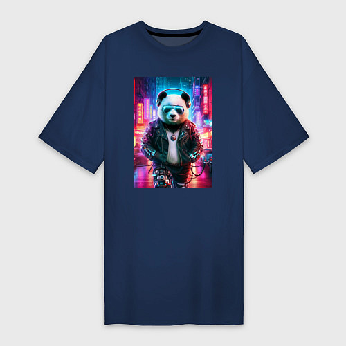 Женская футболка-платье Панда в ночном Пекине - киберпанк - нейросеть / Тёмно-синий – фото 1