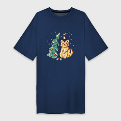 Футболка женская-платье Волшебный новый год с котом, цвет: тёмно-синий