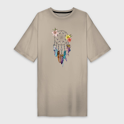Женская футболка-платье Ловец снов с перьями / Миндальный – фото 1