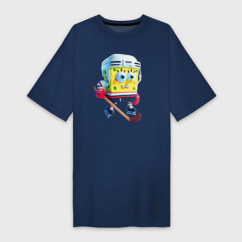 Женская футболка-платье Губка Боб хоккейный нападающий - нейросеть / Тёмно-синий – фото 1