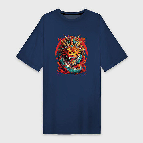 Женская футболка-платье Китайский дракон в огне / Тёмно-синий – фото 1