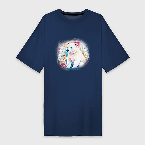 Женская футболка-платье Милый белый мишка на цветочной поляне / Тёмно-синий – фото 1
