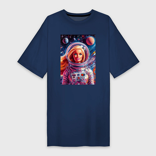 Женская футболка-платье Красавица Барби в космосе - нейросеть / Тёмно-синий – фото 1