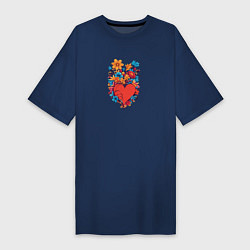 Футболка женская-платье Сердце среди цветов, цвет: тёмно-синий