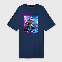 Футболка женская-платье Капибара игроман - неоновое свечение, цвет: тёмно-синий
