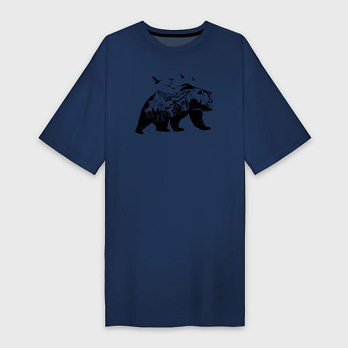 Женская футболка-платье Силуэт тайги в медведе / Тёмно-синий – фото 1