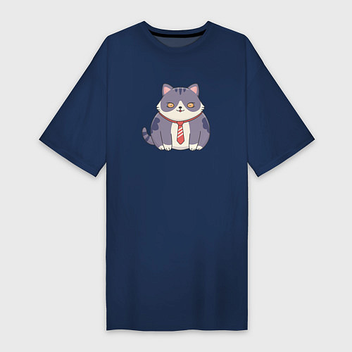 Женская футболка-платье Важный кот с галстуком / Тёмно-синий – фото 1