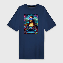 Футболка женская-платье Mona Lisa is an avid gamer - cyberpunk, цвет: тёмно-синий