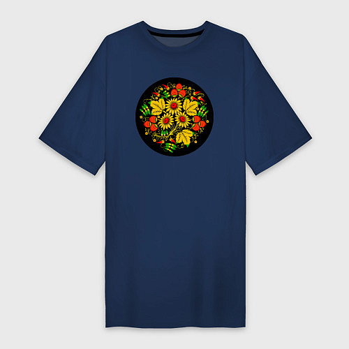 Женская футболка-платье Хохломская роспись цветы и ягоды в чёрном круге / Тёмно-синий – фото 1