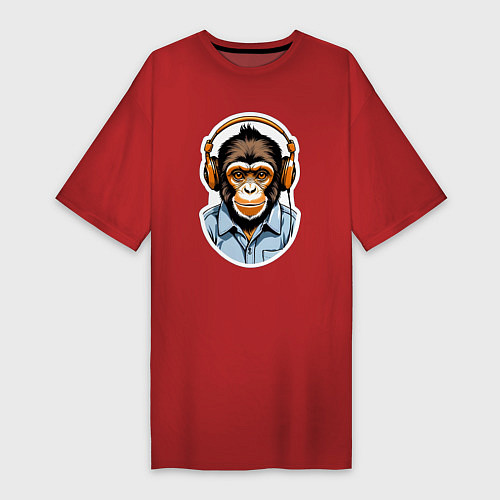 Женская футболка-платье Портрет обезьяны в наушниках / Красный – фото 1
