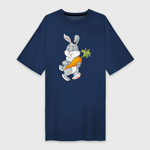 Женская футболка-платье Мультяшный заяц с морковкой / Тёмно-синий – фото 1