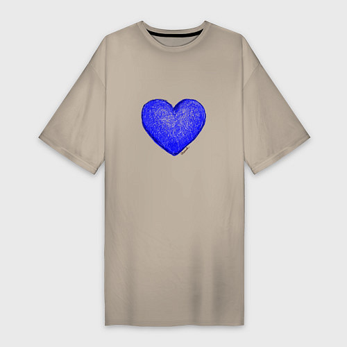 Женская футболка-платье Синее сердце нарисованное карандашами / Миндальный – фото 1