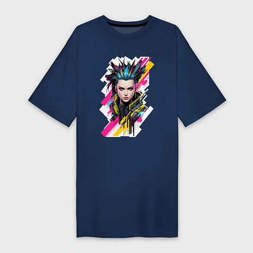 Женская футболка-платье Портрет девушки Cyberpunk 2077 / Тёмно-синий – фото 1
