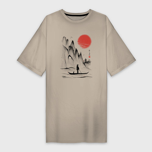 Женская футболка-платье Традиционный японский пейзаж с рыбаком и горами / Миндальный – фото 1