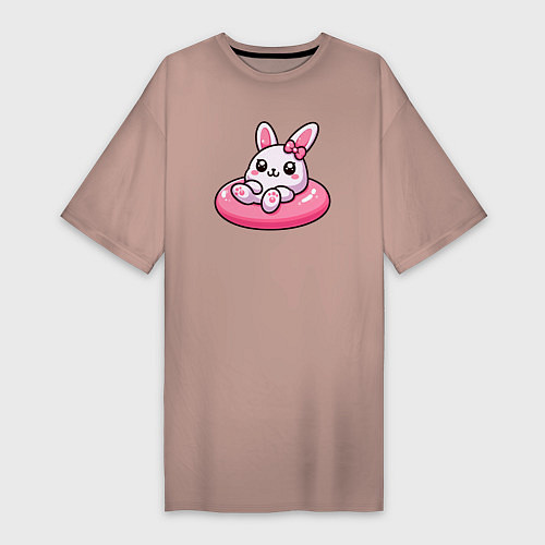 Женская футболка-платье Смешной розовый кролик в надувном круге / Пыльно-розовый – фото 1