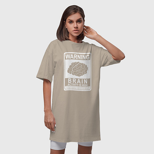 Женская футболка-платье Warning - high brain activity / Миндальный – фото 3