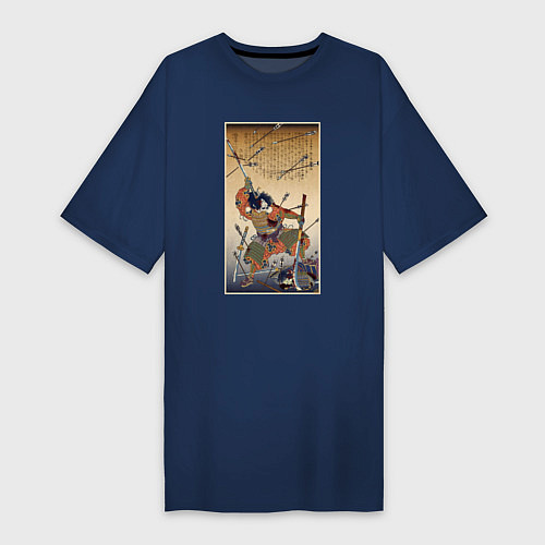 Женская футболка-платье Японский самурай с катаной и нагинатой: гравюра ук / Тёмно-синий – фото 1
