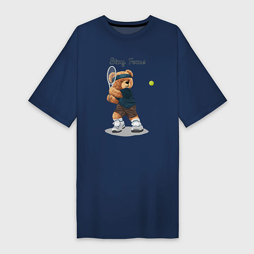 Женская футболка-платье Плюшевый медвежонок играет в теннис / Тёмно-синий – фото 1