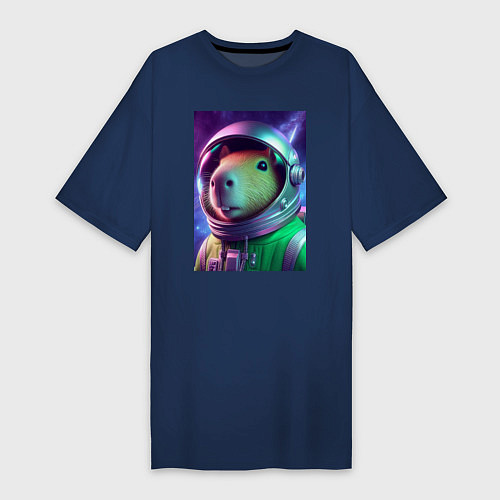 Женская футболка-платье Портрет бравого космонавта - капибара / Тёмно-синий – фото 1