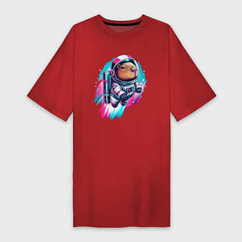 Женская футболка-платье Полёт космонавта капибары - нейросеть / Красный – фото 1