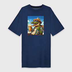 Футболка женская-платье Чувак крокодил с пивом на пляже, цвет: тёмно-синий