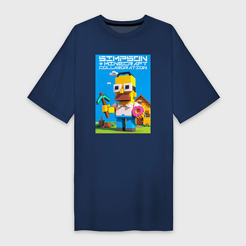 Женская футболка-платье Homer Simpson and Minecraft - collaboration ai art / Тёмно-синий – фото 1