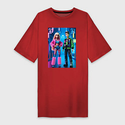 Футболка женская-платье Барби и Кен в ночном городе - нейросеть, цвет: красный