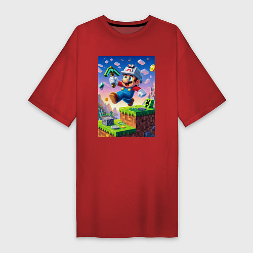 Женская футболка-платье Марио и Майнкрафт - коллаба / Красный – фото 1