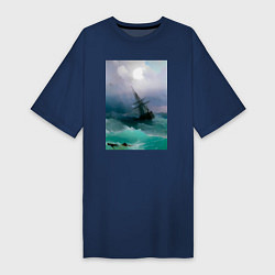 Футболка женская-платье Корабль среди бурного моря, цвет: тёмно-синий