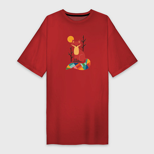 Женская футболка-платье Лиса под солнцем между деревьями / Красный – фото 1