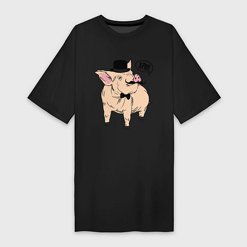 Женская футболка-платье Свин в цилиндре / Черный – фото 1