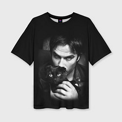 Женская футболка оверсайз Деймон Сальваторе с котом