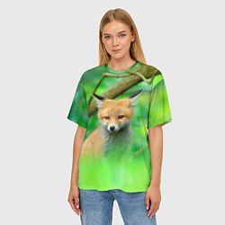 Футболка оверсайз женская Лисенок в зеленом лесу, цвет: 3D-принт — фото 2