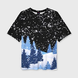 Женская футболка оверсайз Снежная ночь в зимнем лесу